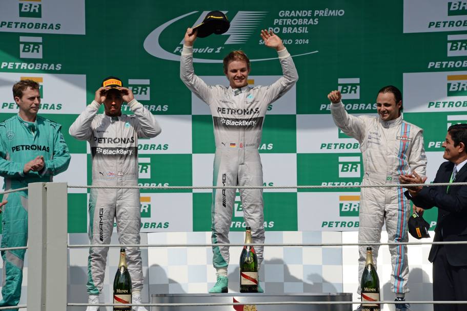 Da sinistra Hamilton, Rosberg, e Massa. Afp